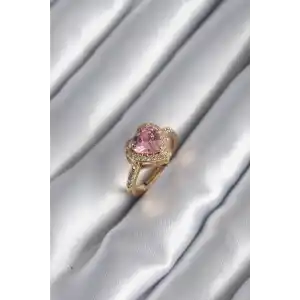 Pirinç Gold Renk Pembe Zirkon Taşlı Charm Kalp Model Kadın Yüzük