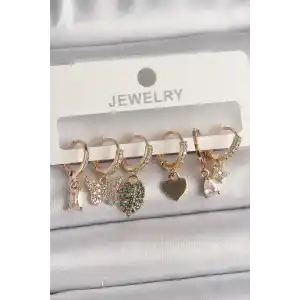 Pirinç Gold Renk Renkli Kelebek Figür Çoklu Figür Kadın Küpe Seti