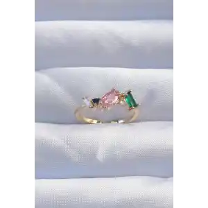 Pirinç Gold Renk Renkli Zirkon Taşlı Ayarlanabilir Yüzük