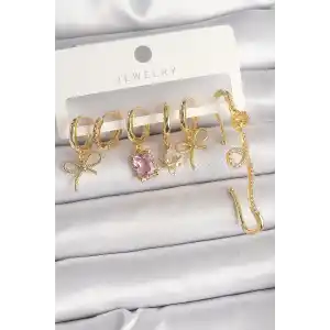 Pirinç Gold Renk Sallantı Kurdele Model Pembe Kare Zirkon Taşlı Kadın Küpe Seti