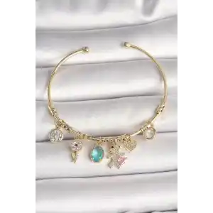 Pirinç Gold Renk Sallantı Zirkon Taşlı AYıcık Figür Kalp Detay Charm Kadın Bileklik
