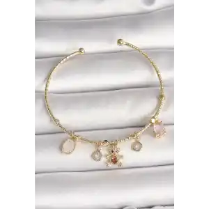 Pirinç Gold Renk Sallantı Zirkon Taşlı Ayıcık Figür Kırmızı Kalp Detay Charm Kadın Bileklik