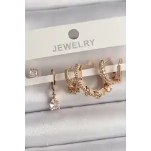 Pirinç Gold Renk Sallantı Zirkon Taşlı Halka Model Damla Zirkon Taş Detay Çoklu Kadın Küpe Seti