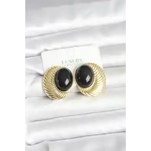 Pirinç Gold Renk Siyah Boncuklu Oval Vintage Kadın Küpe