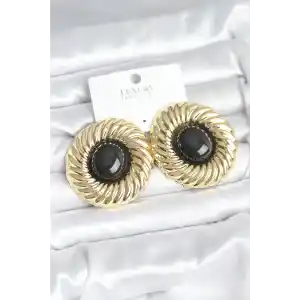 Pirinç Gold Renk Siyah Boncuklu Vintage Kadın Küpe
