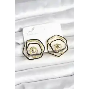 Pirinç Gold Renk Siyah Mineli Geometrik Gül Model Kadın Küpe