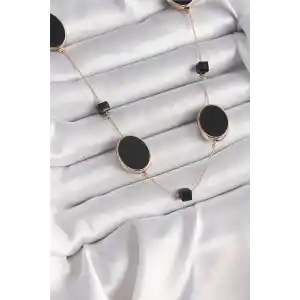 Pirinç Gold Renk Siyah Renk Oval Siyah Küp Detay Kadın Kolye