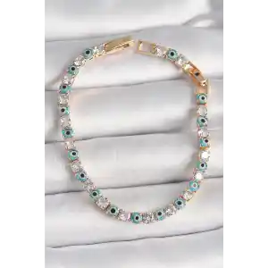 Pirinç Gold Renk Su Yolu Zirkon Taşlı Nazar Boncuklu Kadın Bileklik