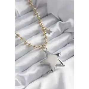 Pirinç Gold Renk Topçuk Zincir Gümüş 3D Yıldız Model Yıldız Detay VİP Kadın Kolye