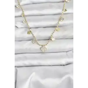Pirinç Gold Renk Yonca Model Kadın Kolye