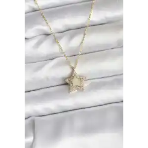 Pirinç Gold Renk Zincirli Yıldızlı Model Kadın Kolye