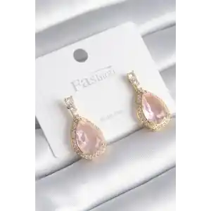 Pirinç Gold Renk Zirkon Taş Detay Damla Pembe Zirkon Taş Model Kadın Küpe