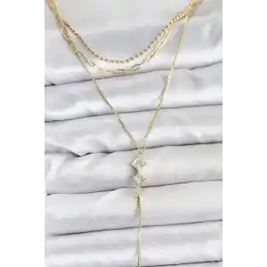 Pirinç Gold Renk Zirkon Taş Detaylı 3lü Kombin Y Kadın Kolye