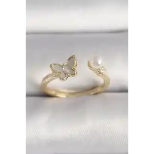 Pirinç Gold Renk Zirkon Taş Detaylı Beyaz Mineli Kelebek Model İnci Detay Ayarlanabilir Yüzük