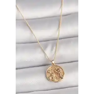 Pirinç Gold Renk Zirkon Taş Detaylı Gül İşleme Madalyon Model Kadın Kolye