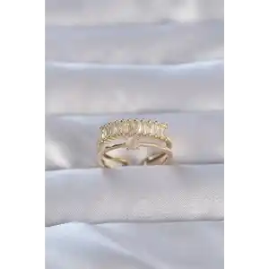 Pirinç Gold Renk Zirkon Taşlı Baget Su Yolu Model Ayarlanabilir Yüzük