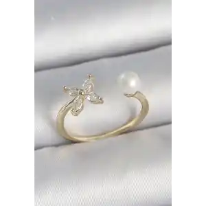 Pirinç Gold Renk Zirkon Taşlı Çiçek Model İnci Detay Ayarlanabilir Kadın Yüzük