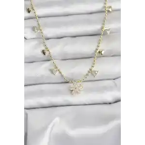 Pirinç Gold Renk Zirkon Taşlı Çiçek Model Kadın Kolye