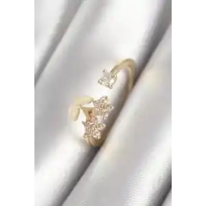 Pirinç Gold Renk Zirkon Taşlı Çiçek Model Kadın Yüzük
