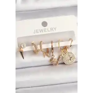 Pirinç Gold Renk Zirkon Taşlı Çoklu Figür Kadın Küpe Seti