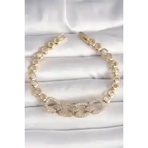 Pirinç Gold Renk Zirkon Taşlı Daire Zincir Model Kadın Bileklik