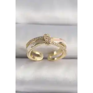 Pirinç Gold Renk Zirkon Taşlı Düğüm Model VIP Seri Kadın Yüzük