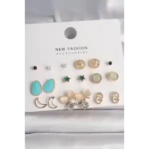 Pirinç Gold Renk Zirkon Taşlı Fiyonk Hilal Figür 9 Çift Kadın Küpe Seti