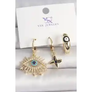 Pirinç Gold Renk Zirkon Taşlı Göz Figür Nazar Boncuk Detay 3Lü Kadın Kombin Küpe