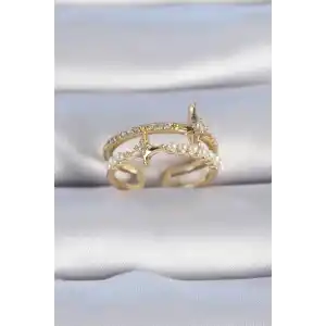 Pirinç Gold Renk Zirkon Taşlı İnci Detay Kutup Yıldızı Model Kadın Yüzük