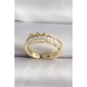 Pirinç Gold Renk Zirkon Taşlı İnci Detay VIP Seri Kadın Yüzük
