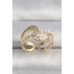 Pirinç Gold Renk Zirkon Taşlı İnci Detay VIP Seri Kadın Yüzük