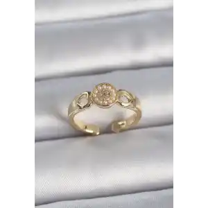 Pirinç Gold Renk Zirkon Taşlı İncili Kalp İşleme Detay Ayarlanabilir Kadın Yüzük