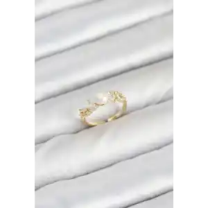 Pirinç Gold Renk Zirkon Taşlı İncili Model Kadın Yüzük