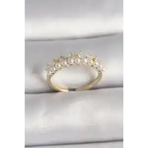 Pirinç Gold Renk Zirkon Taşlı İncili Taç Model Ayarlanabilir Kadın Yüzük