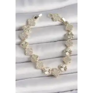 Pirinç Gold Renk Zirkon Taşlı İşlemeli Yonca Model VIP Seri Exculusive Kadın Bileklik