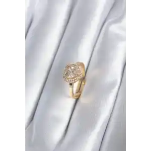 Pirinç Gold Renk Zirkon Taşlı Kalp Charm Model Kadın Yüzük