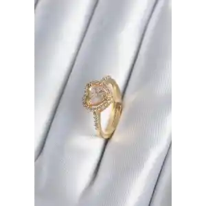 Pirinç Gold Renk Zirkon Taşlı Kalp Charm Model Kadın Yüzük
