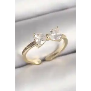 Pirinç Gold Renk Zirkon Taşlı Kalp Fiyonk Model Kadın Yüzük