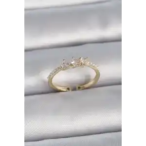 Pirinç Gold Renk Zirkon Taşlı Kalp İnci Detaylı Ayarlanabilir Model Kadın Yüzük