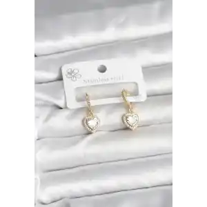 Pirinç Gold Renk Zirkon Taşlı Kalp Model Kadın Küpe
