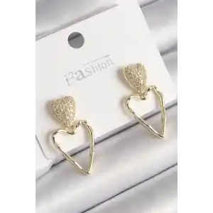 Pirinç Gold Renk Zirkon Taşlı Kalp Model Kadın Küpe