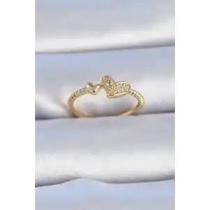 Pirinç Gold Renk Zirkon Taşlı Kalp Model Kadın Yüzük