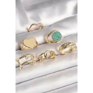 Pirinç Gold Renk Zirkon Taşlı Kalp Plaka Figür Mavi Simli Detay 6Lı Kadın Yüzük Seti