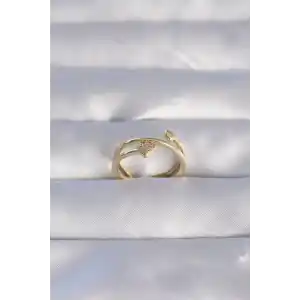 Pirinç Gold Renk Zirkon Taşlı Kalpli Model Ayarlanabilir Yüzük