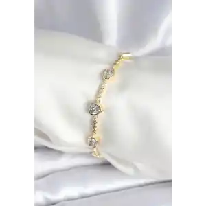 Pirinç Gold Renk Zirkon Taşlı Kalpli Model Kadın Bileklik