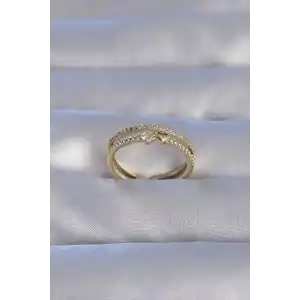 Pirinç Gold Renk Zirkon Taşlı Kalpli Su Yolu Model Ayarlanabilir Yüzük
