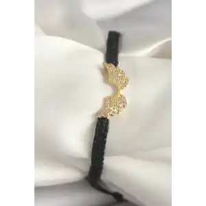 Pirinç Gold Renk Zirkon Taşlı Kanat Figür Asansörlü Makrome Model Kadın Bileklik