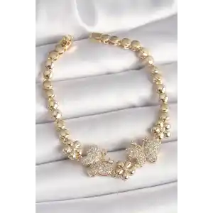 Pirinç Gold Renk Zirkon Taşlı Kelebek Figür Çiçek Zincir Model Kadın Bileklik