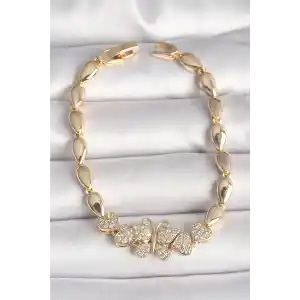 Pirinç Gold Renk Zirkon Taşlı Kelebek Figür Damla Zincir Model Kadın Bileklik