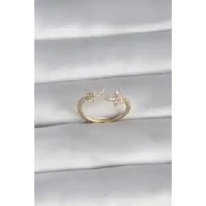 Pirinç Gold Renk Zirkon Taşlı Kelebek Model Kadın Yüzük